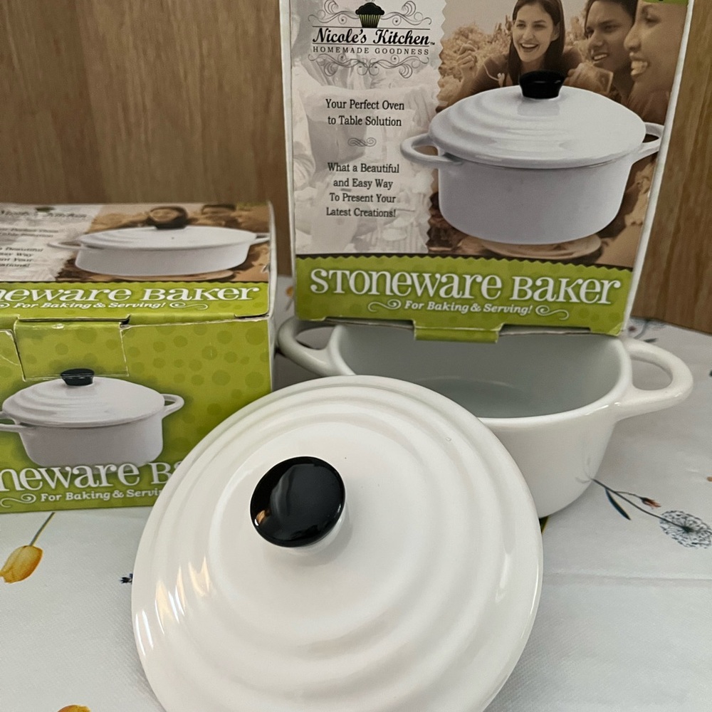 Nicole’s Kitchen-stoneware baker. 2 new unused mini, covered baking pots. $15